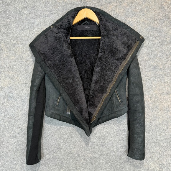 Veda 100% Shearling Leather Fur Moto Jacket Womens Small Motorcycle Designer Zip - Picture 11 of 16